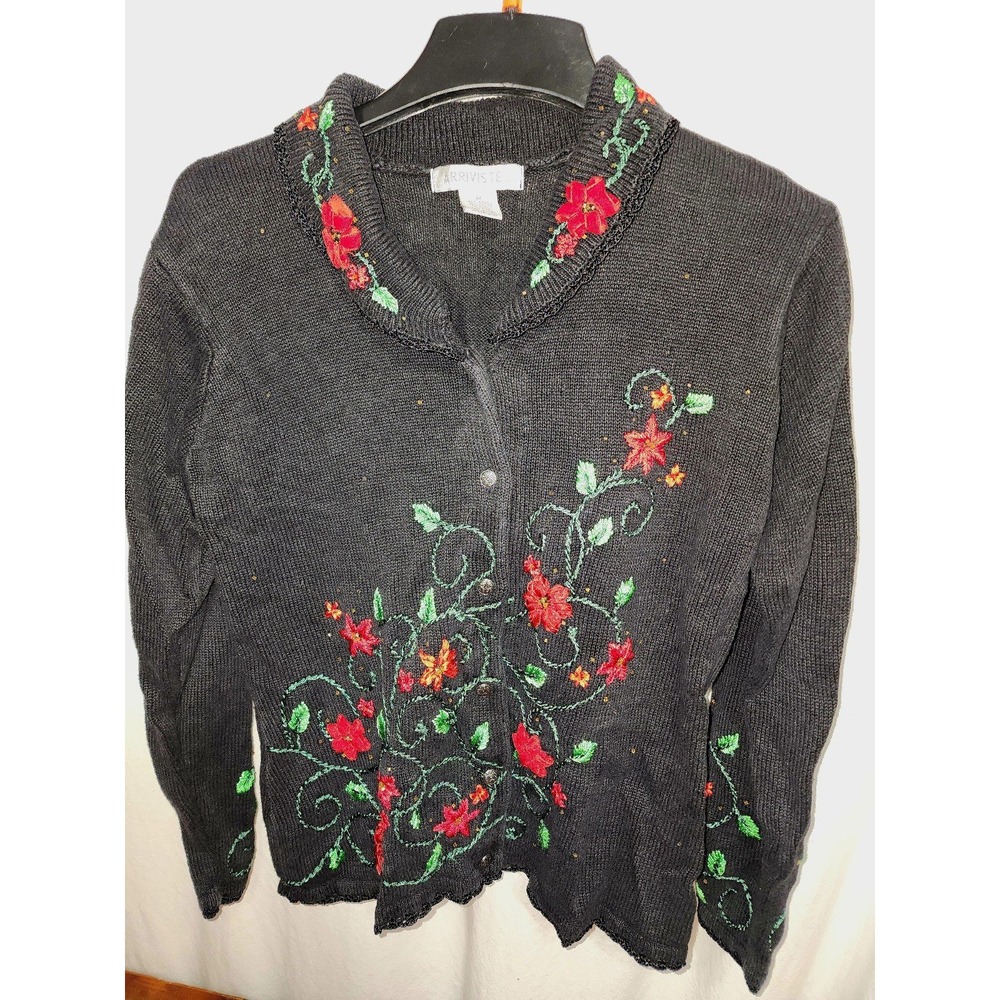 Arriviste‎ Christmas Sweater Black Poinsettias Beads cardigan